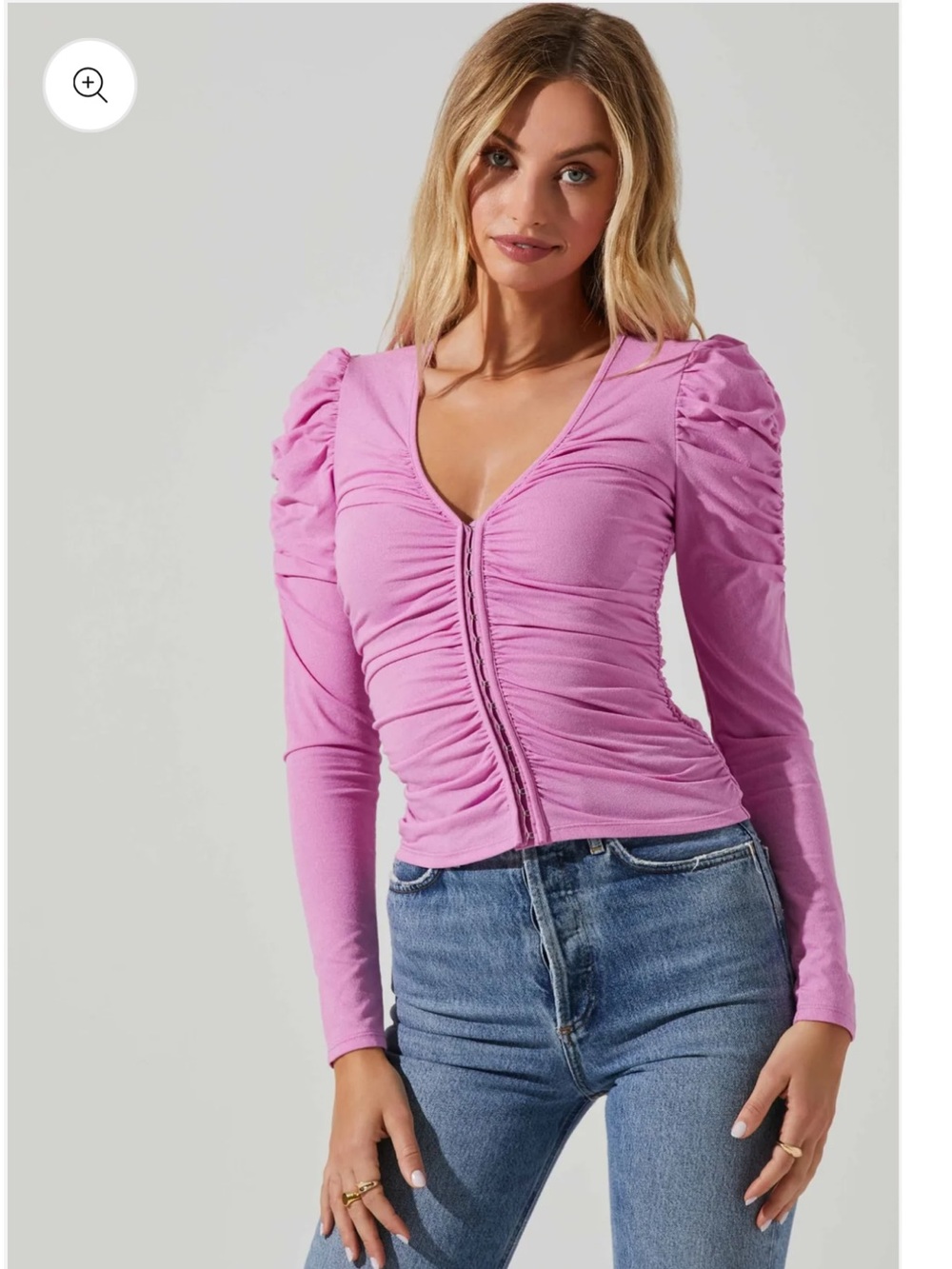 Astr Pink Ruched V-Neck Puff Sleeve Top - Picture 2 of 4